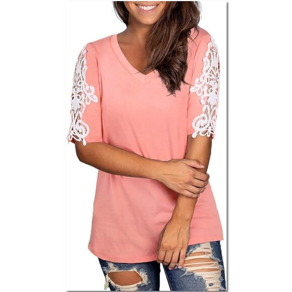 NWT Short Sleeve Decorative T-Shirt  with Lace Applique Sleeves - Picture 2 of 7